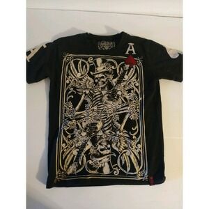 Mens size S/L Black T-Shirt  skeleton playing guitar punk  @30